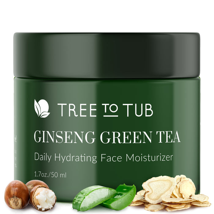 A 1.7oz/50ml jar of Tree To Tubs Deep Hydrating Moisturizer for Sensitive Skin with Green Tea, illustrated with ginseng roots, green tea leaves, and soap nuts on the green packaging, features white text promoting its hyaluronic acid formula for hydration and anti-aging benefits.