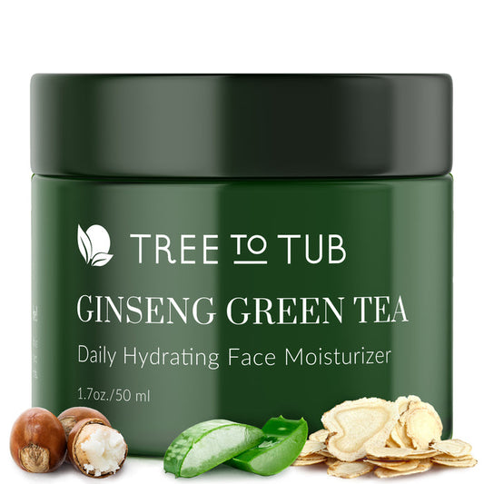 A 1.7oz/50ml jar of Tree To Tubs Deep Hydrating Moisturizer for Sensitive Skin with Green Tea, illustrated with ginseng roots, green tea leaves, and soap nuts on the green packaging, features white text promoting its hyaluronic acid formula for hydration and anti-aging benefits.