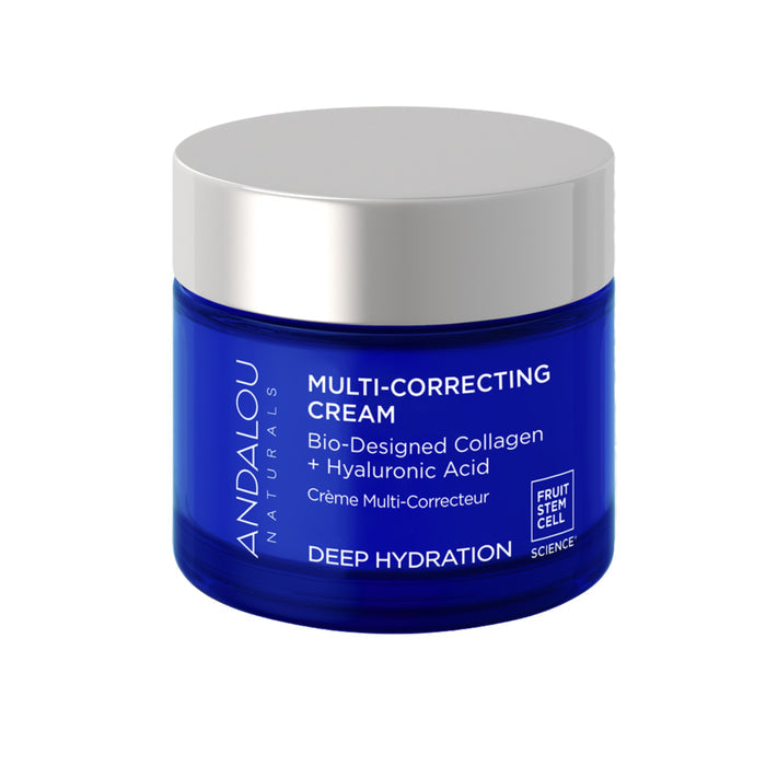 The blue jar of Deep Hydration Multi-Correcting Cream by Andalou Naturals features Vegan Collagen and Hyaluronic Acid, with white text highlighting its deep hydration benefits. Enhanced by Fruit Stem Cell Science branding.