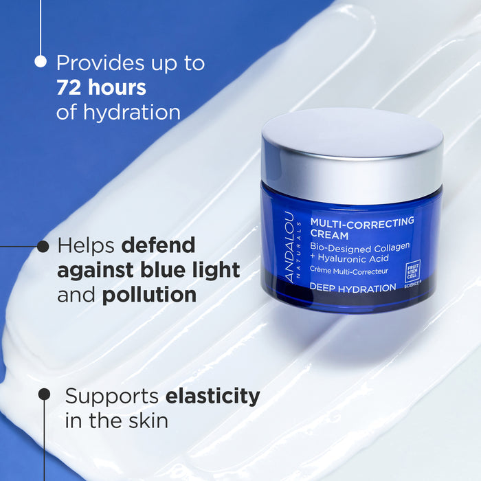 A blue jar of Andalou Multi-Correcting Cream on a white cream background. Text highlights the product's benefits: up to 72 hours of hydration, defense against blue light and pollution, and support for skin elasticity.