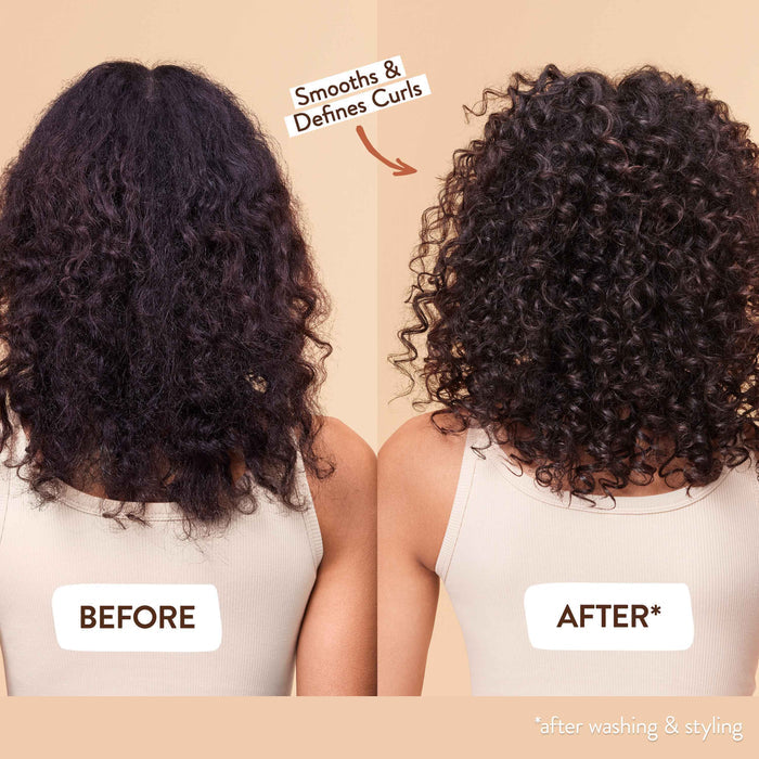 Before and after comparison of hair transformation. The left image shows flat curls with frizz, labeled "Before," while the right shows defined, smooth curls after washing and styling, labeled "After." Text reads "Smooths &amp; Defines Curls.