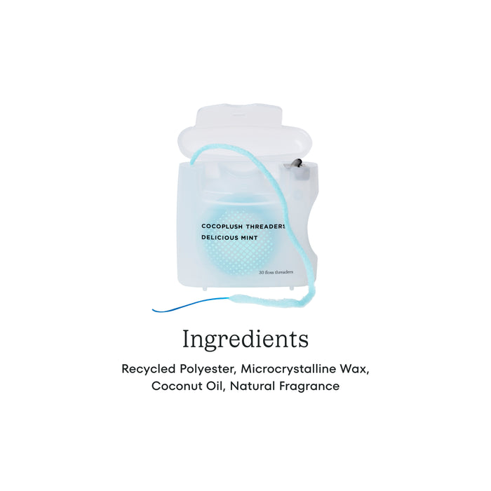 A spool of turquoise dental floss with text listing the ingredients: recycled polyester, microcrystalline wax, coconut oil, natural fragrance.