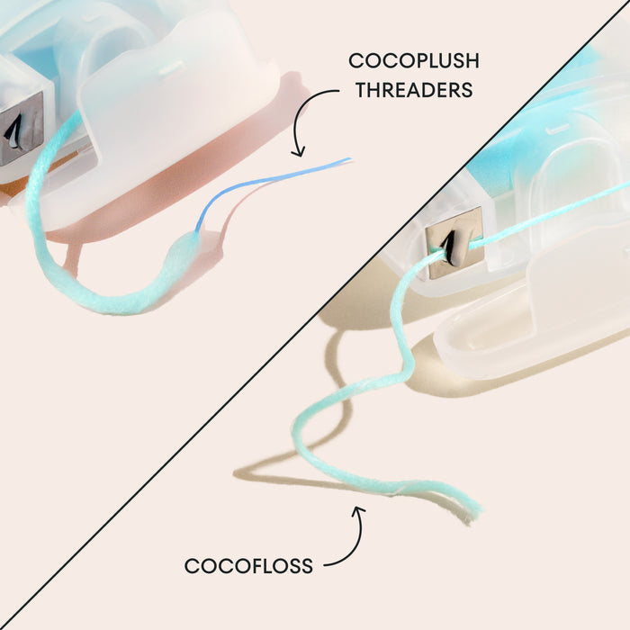 Close-up image comparing Cocoplush Threaders and Cocofloss. The top left shows a Cocoplush Threader labeled with a threading tip, and the bottom right displays Cocofloss, both against a beige background.