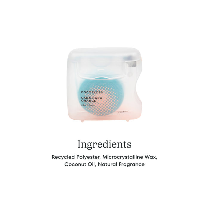 A container of Cocofloss dental floss in a clear package, labeled "Cara Cara Orange," is displayed above a list of ingredients: Recycled Polyester, Microcrystalline Wax, Coconut Oil, Natural Fragrance. The background is white.