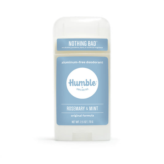 A 2.5 oz (70 g) Humble Brands Deodorant - Aluminum Free features a white stick with a light blue Rosemary & Mint label stating Nothing Bad, free of alcohol, parabens, dyes, or artificial fragrances. Its cruelty-free and comes in recycled plastic packaging for sustainability.