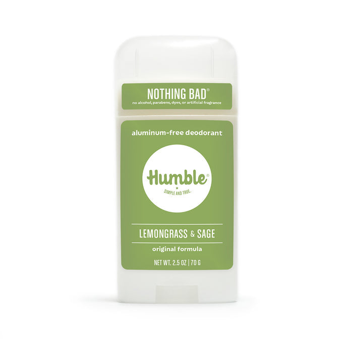 Humble Brands Deodorant - Aluminum Free has a green label, offers a Lemongrass & Sage scent, and comes in recycled plastic packaging. Its labeled Nothing Bad with no alcohol, parabens, dyes, or artificial fragrances and is cruelty-free.