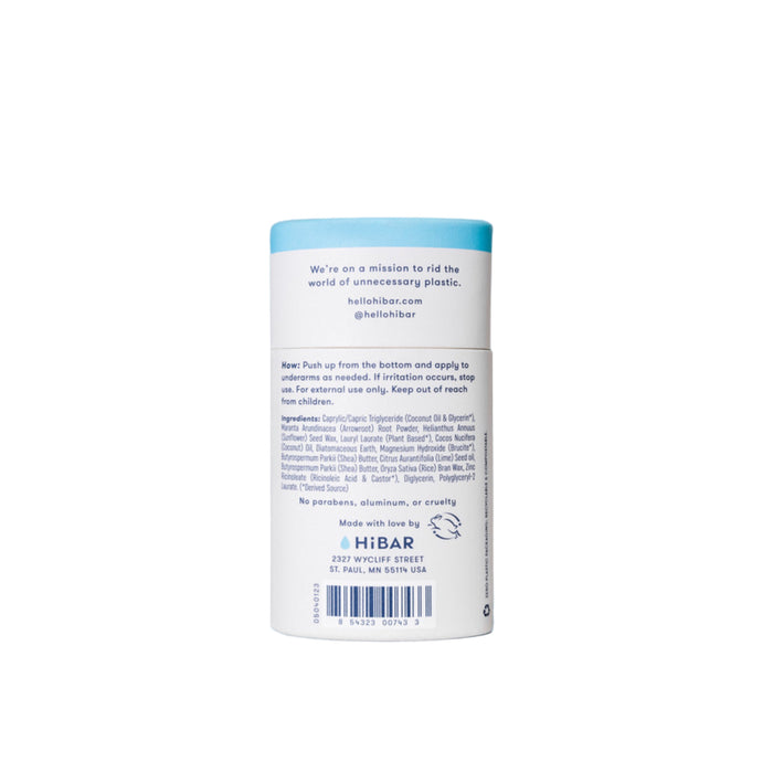 A blue and white cylindrical stick from HiBAR highlights its mission as a plastic-free deodorant, boasting all-natural ingredients such as coconut oil and shea butter. The product, Deodorant - Sensitive Skin, displays contact details at the bottom.