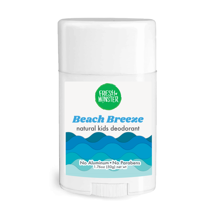 The image features a white deodorant stick labeled Fresh Monster Deodorant for Kids and Teens with blue ocean wave graphics. It is aluminum-free, paraben-free, and weighs 1.76oz (50g) net wt.