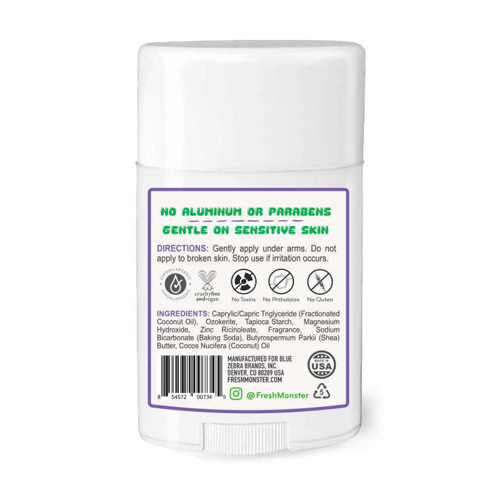 The Fresh Monster Deodorant for Kids and Teens is a white stick featuring green text: No Aluminum or Parabens, Gentle on Sensitive Skin. Its suitable for both kids and adults, clearly lists directions and ingredients, is sealed for freshness, and stands upright.