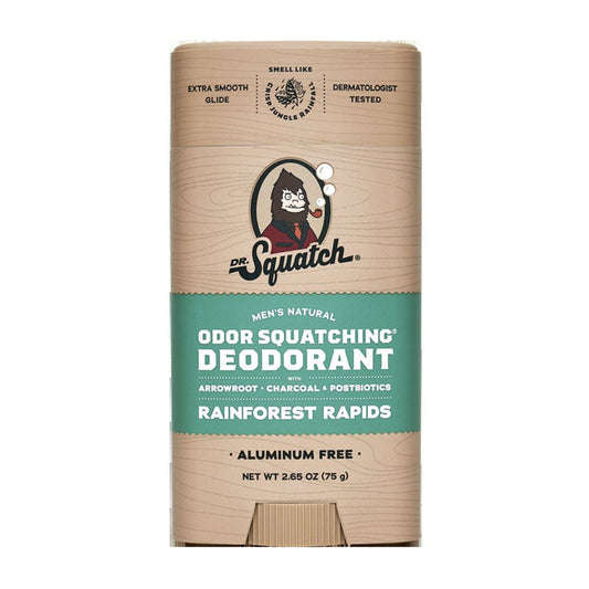 Explore Dr. Squatchs Mens Natural Deodorant in Rainforest Rapids scent; aluminum-free and featuring arrowroot, charcoal, and postbiotics for odor blocking. Enjoy an Extra Smooth Glide, Smell Like Nature, and a dermatologist-tested formula for natural freshness!.
