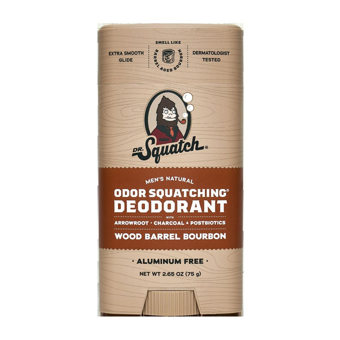 Dr. Squatchs mens natural deodorant in wood barrel bourbon scent features a cartoon character with a beard and glasses, is aluminum-free, blocks odor, and uses arrowroot, charcoal, and postbiotics for freshness.