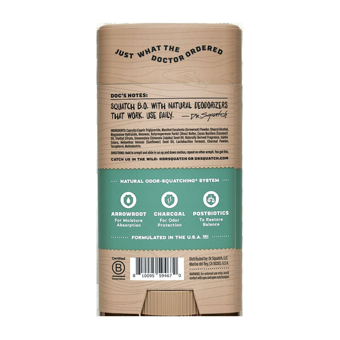 The image displays the back of a Dr. Squatch Deodorant stick, highlighting skin-nourishing moisturizers and ingredients like arrowroot and charcoal. With the claim Just What the Doctor Ordered, it promises an exceptional odor-blocking experience using natural deodorizers.
