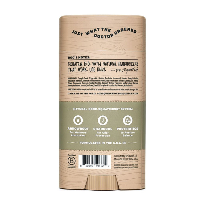 The back of Dr. Squatch Deodorant packaging showcases a brown and green design, listing ingredients like arrowroot, charcoal, and postbiotics for odor control. The tagline Just What the Doctor Ordered is prominently displayed at the top.