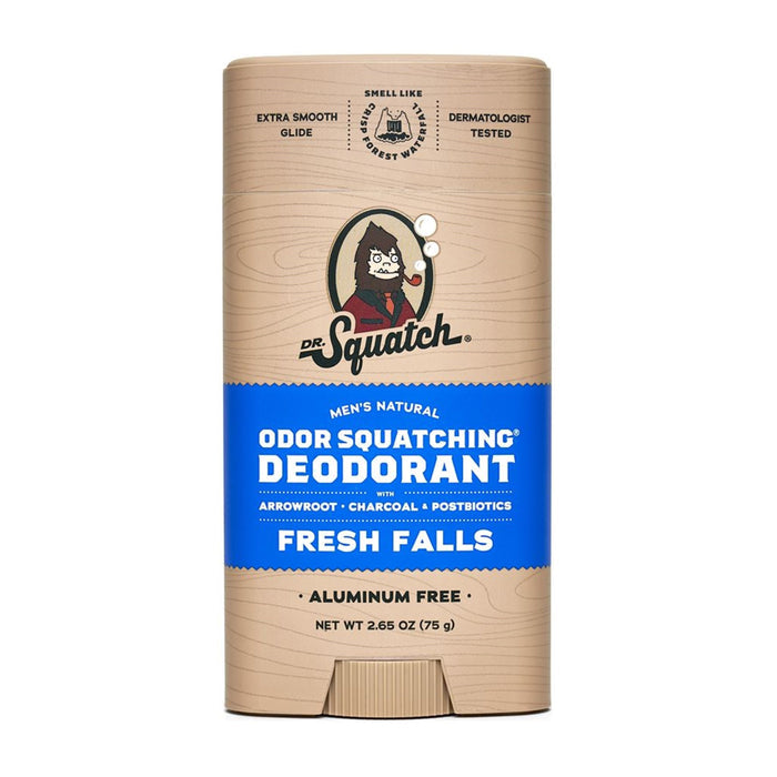 A tube of Dr. Squatch Deodorant in Fresh Falls scent features a cartoon, highlighting natural odor-blocking ingredients like arrowroot, charcoal, and postbiotics. Its aluminum-free and emphasizes Odor Squatching.