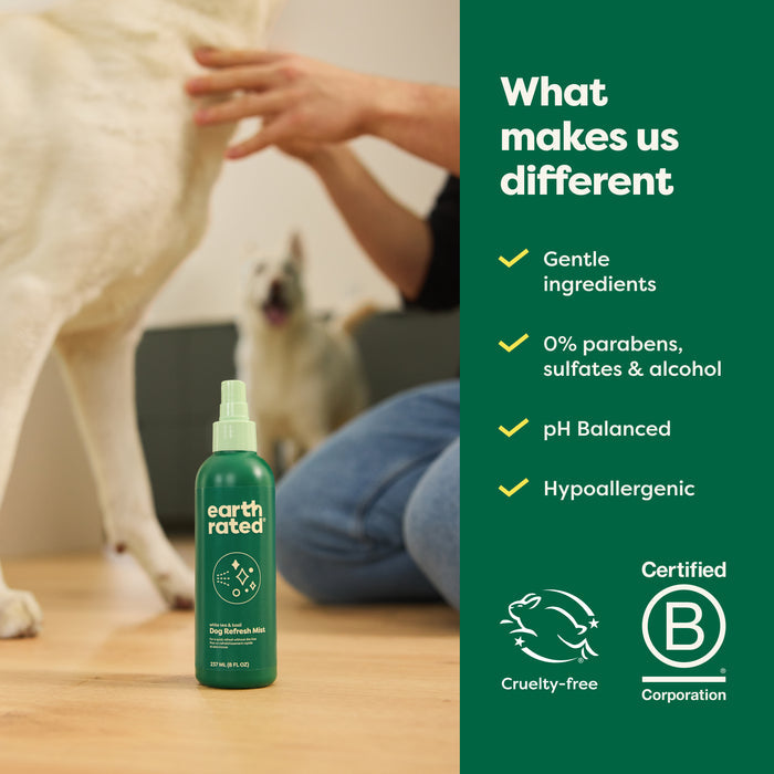 A hand sprays a green bottle labeled Earth Rated Deodorizing & Conditioning Refresh Mist for Dogs with a dog in the background. Features: gentle, pH balanced, hypoallergenic; no parabens/sulfates/alcohol. Certified Cruelty-free and B Corp logos emphasize it as a grooming essential.