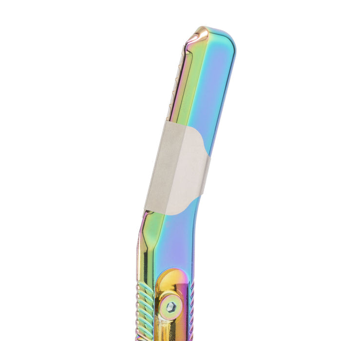 The Dermaplaner Kit by Leaf Shave features a metallic, rainbow-colored dermaplaning tool with a straight blade and textured grip for control. Its shiny, iridescent finish makes it perfect for zero-waste enthusiasts seeking sustainable solutions.