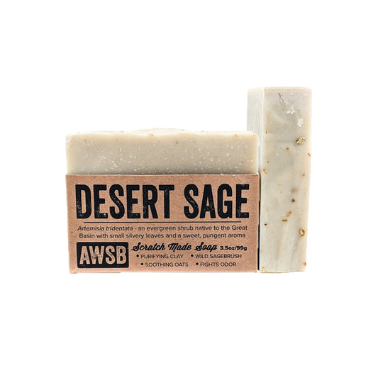 Sage has been used as an air purifier, an antiseptic wash, as a natural hair rinse, and a deodorizer for centuries.
Ingredients: premium saponified vegetable oils (organic extra virgin olive, organic coconut, organic palm, organic sunflower, organic castor), distilled water, essential oils (sage, rosemary, cedarwood, lemongrass), calcium bentonite clay, organic rubbed sage, wild desert sage, sea salt
4oz. labeled bar.