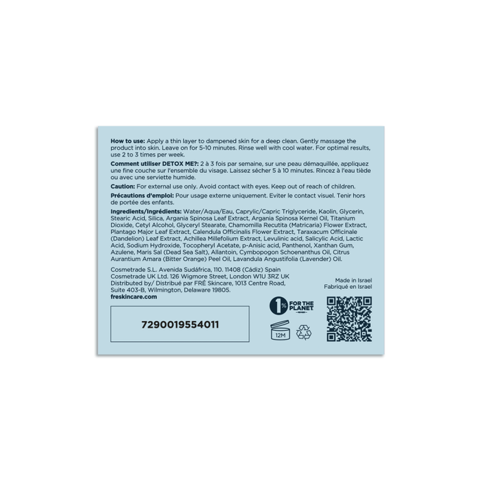 The image shows the back of a blue box for FRÉ Skincares DETOX ME Instant Clearing Mask, made in Israel with natural kaolin clay. It includes instructions, ingredients, and caution in English and French, plus a barcode, recycling icon, QR code, and 12M symbol.