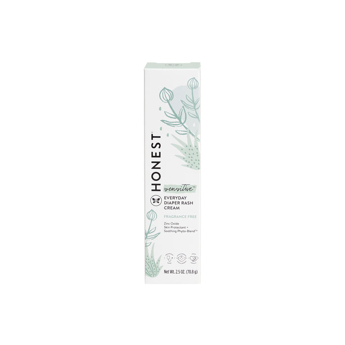 A white box of The Honest Companys Diaper Rash Cream with fragrance-free zinc oxide and a soothing Phyto-Blend™. Ideal for sensitive skin, it features mint green botanical illustrations to highlight its hypoallergenic nature. Net weight: 2.5 oz (70.8 g).