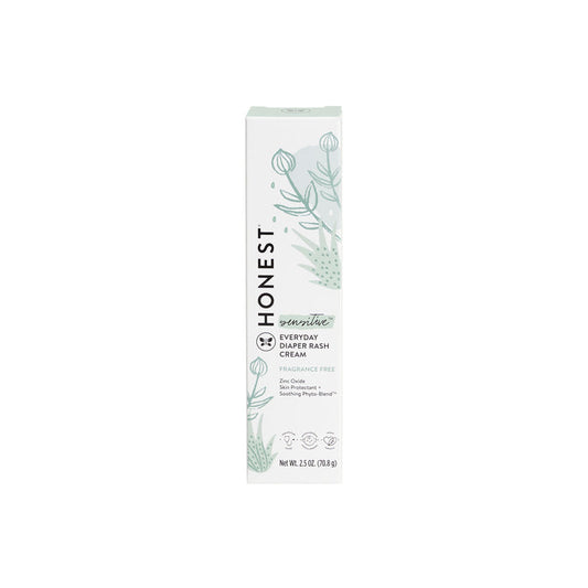 A white box of The Honest Companys Diaper Rash Cream with fragrance-free zinc oxide and a soothing Phyto-Blend™. Ideal for sensitive skin, it features mint green botanical illustrations to highlight its hypoallergenic nature. Net weight: 2.5 oz (70.8 g).