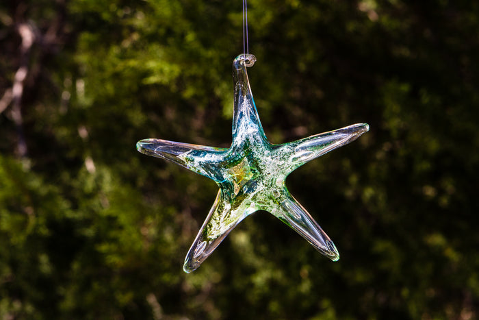 Dichroic glass starfish sun catcher infused with cremains in blue green hues hanging in natural light