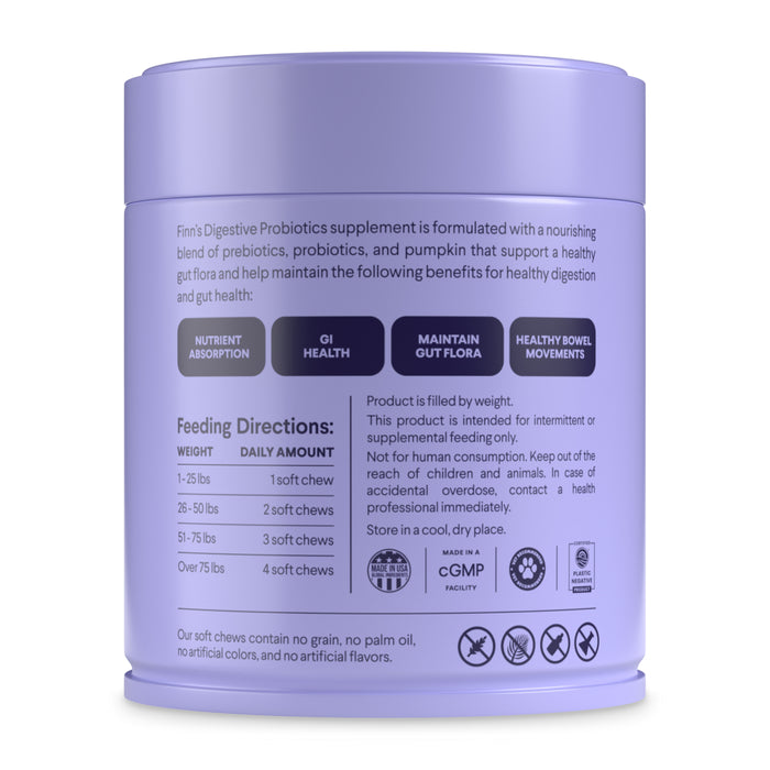 The Finn Digestive Probiotics Supplement For Dogs, in a purple container, promotes healthy digestion, nutrient absorption, and gut health. It advises chew dosage by weight, contains no palm oil, and meets cGMP standards for premium quality.