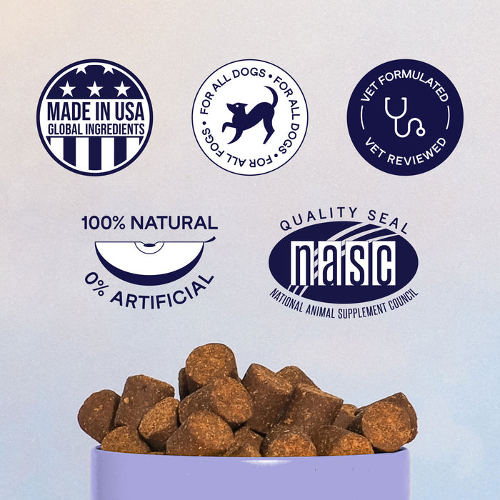 A bowl of kibble sits below five badges: Made in USA Global Ingredients, For All Dogs, Vet Formulated, 100% Natural, and NASC Quality Seal. Finns Digestive Probiotics Supplement For Dogs supports canine health with probiotics for optimal digestion.