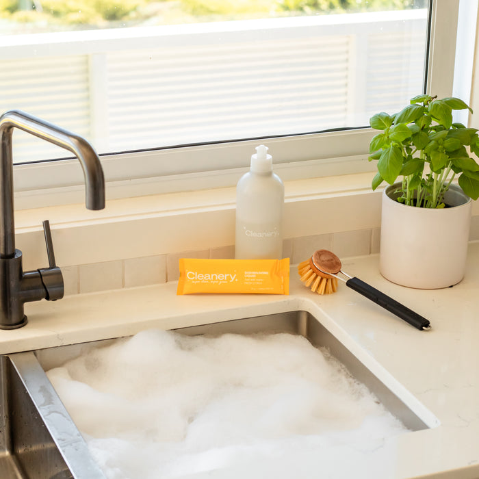 A Dish Liquid Starter Kit by Cleanery, featuring eco-friendly refills and a brush, sits in the soapy water of a kitchen sink near a sleek black faucet. A white bottle is alongside. A potted basil plant adorns the counter by the window with garden views.
