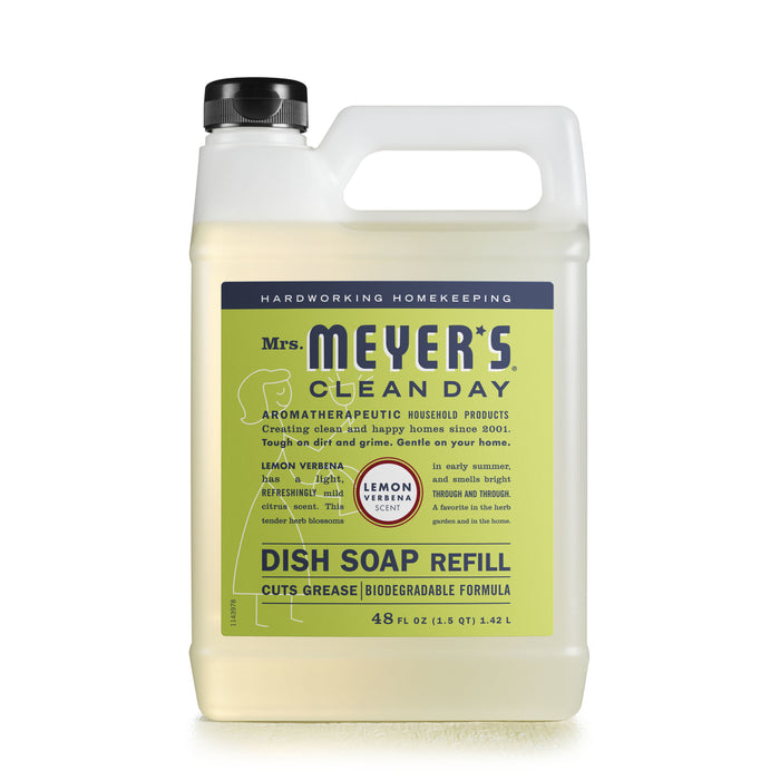A 48 fl oz bottle of Mrs. Meyers Dish Soap Refill in Lemon Verbena scent features a green and yellow label emphasizing its aromatherapeutic, grease-cutting, biodegradable formula made with cruelty-free natural cleaning agents.