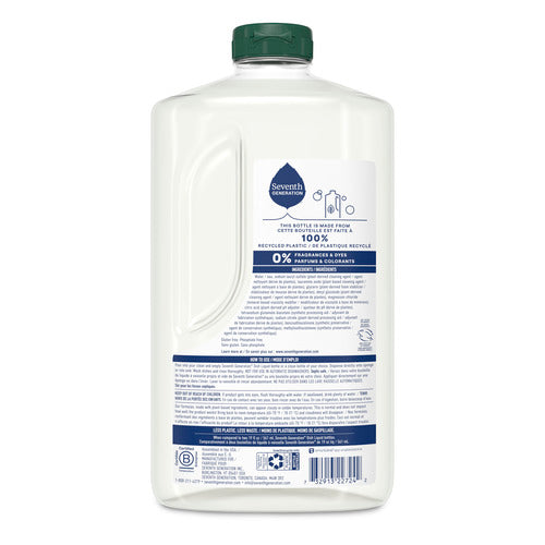 A large clear plastic bottle with a green cap and a blue-and-white back label displays product info, instructions, recycling details, and the Seventh Generation Dish Soap Refill logo, highlighting its hypoallergenic formula.
