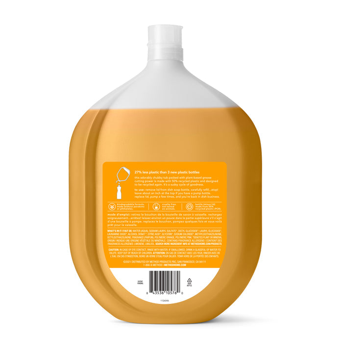 The method Dish Soap Refill is a large clear plastic jug made from recycled materials, containing orange liquid and featuring a white screw cap. The back label displays information on Clementine Sea Minerals for ultra grease-fighting power in white text.