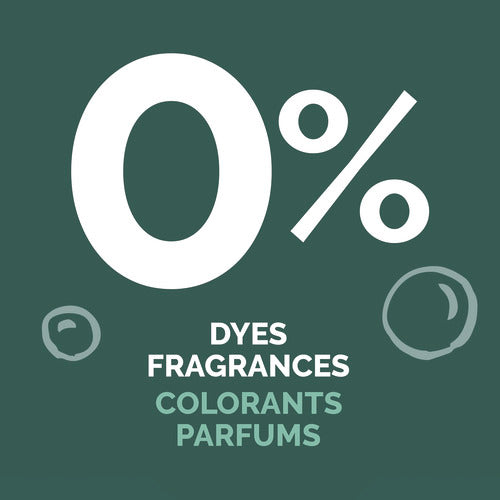 A green background with large white text reads 0%. Beneath, smaller text lists DYES FRAGRANCES COLORANTS PARFUMS, showcasing Seventh Generation Dish Soap Refill as hypoallergenic. Floating bubbles add a fresh, clean vibe.
