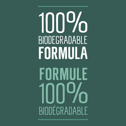Text on a green background reads: Seventh Generation Dish Soap Refill—100% Biodegradable Formula in English and Formule 100% Biodégradable in French—emphasizing its hypoallergenic, non-toxic qualities in bold white and light green letters.