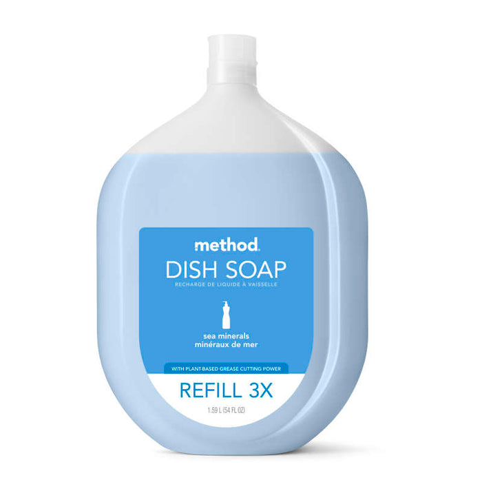The method Dish Soap Refill is a 1.89-liter (64 fl oz) bottle featuring plant-based, ultra grease-fighting soap in a refreshing Clementine Sea Minerals scent. The blue and white packaging is made from recycled plastic, showcasing its eco-friendly characteristics.