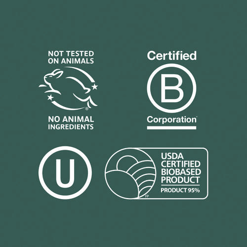Four certification logos—Not Tested on Animals, B Corporation, Circle U Kosher, and USDA Certified Biobased Product 95%—on a green background highlight this non-toxic Seventh Generation Dish Soap Refill.