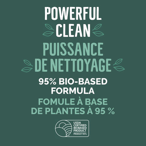 Text graphic on a green background reads: Powerful Clean. Puissance de Nettoyage. 95% Bio-Based Formula. Formule à base de plantes à 95%. Features Seventh Generation Dish Soap Refill, a hypoallergenic soap. USDA Certified Biobased Product logo at bottom.