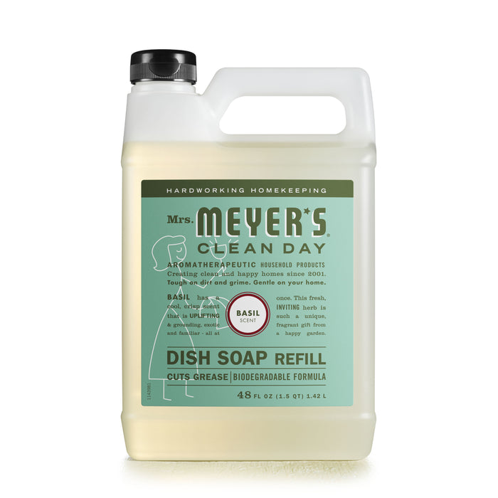 A 48 fl oz bottle of Mrs. Meyers Dish Soap Refill in basil scent features a cruelty-free formula with aromatherapeutic properties, effective grease-cutting power, and natural cleaning agents. The label includes green and black text on a light background, highlighting its biodegradable qualities.
