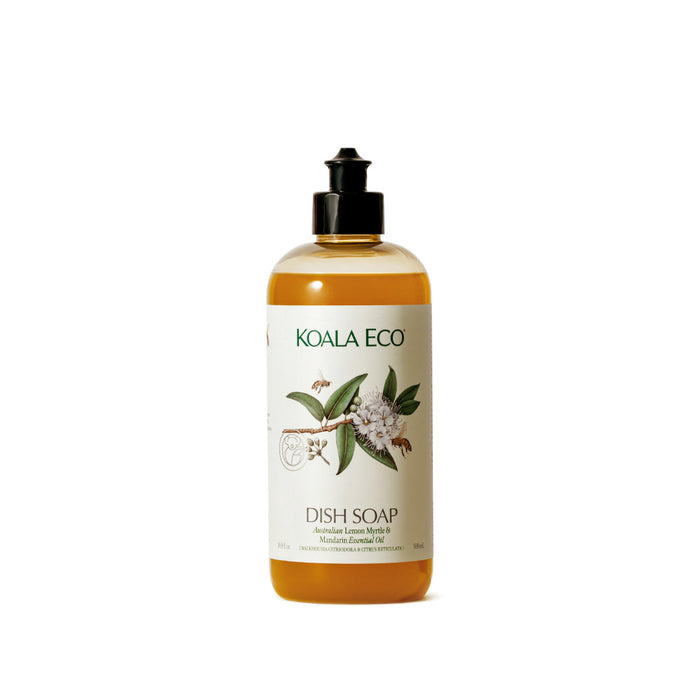 A clear plastic bottle of Koala Eco Dish Soap with a black flip cap. The label displays botanical illustrations and highlights Australian Lemon Myrtle and Mandarin essential oils for a fresh, natural clean.