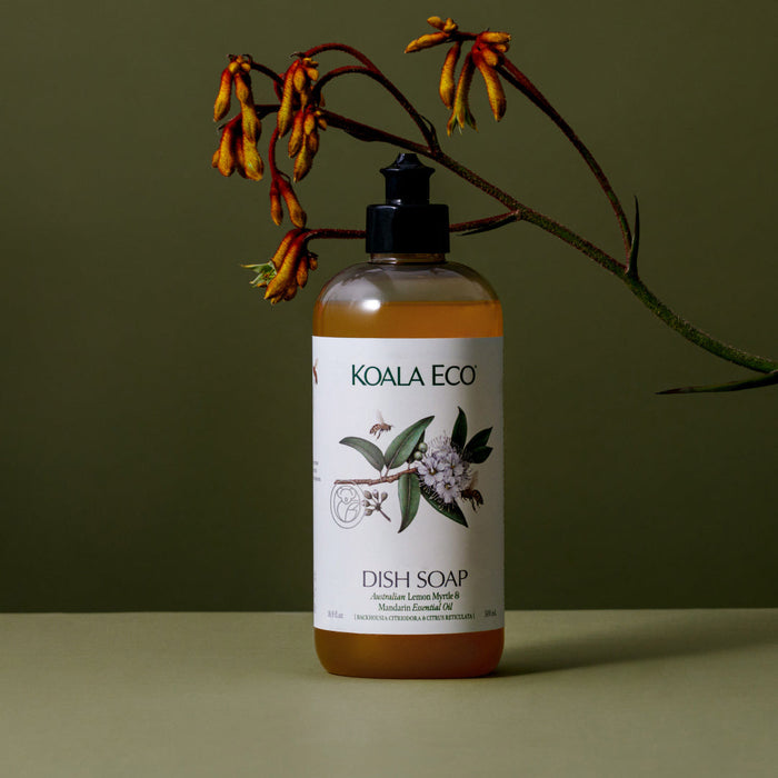 A bottle of Koala Eco Dish Soap features a botanical illustration on its label, set on a green surface with a yellow flower stem arching above it against a matching green background.