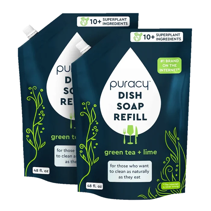 Two pouches of eco-friendly Puracy Dish Soap, Green Tea & Lime scent, plant design on pack.