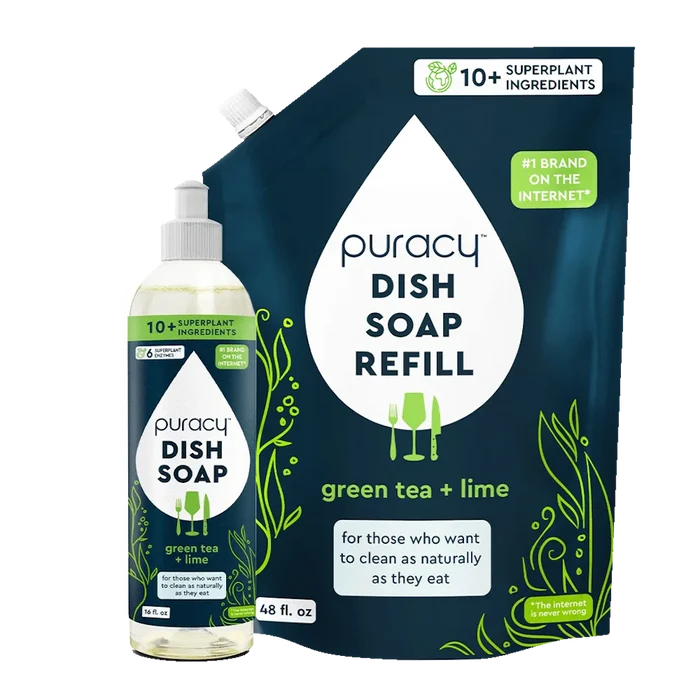 Puracy dish soap with plant enzymes in eco-friendly green tea & lime packaging.