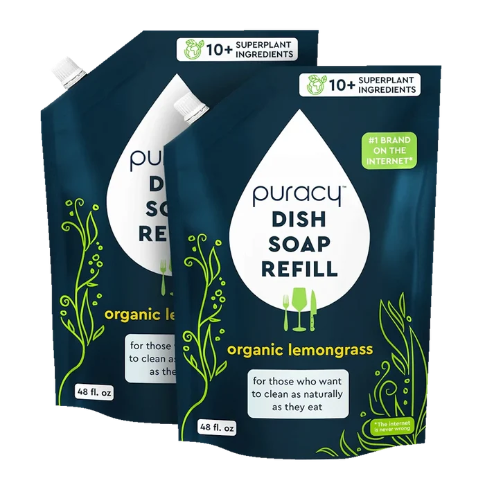 Two pouches of Puracy eco-friendly Dish Soap refill in lemongrass scent with a green leaf design.
