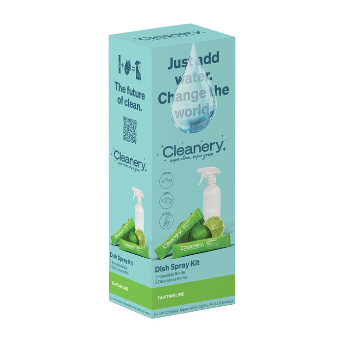 The Cleanery Dish Spray Starter Kit comes in a tall, rectangular turquoise box with images of a spray bottle and lime slices. The packaging highlights the refreshing Tahitian Lime scent with reusable dishwashing liquid refills, featuring the text, Just add water. Change the world.