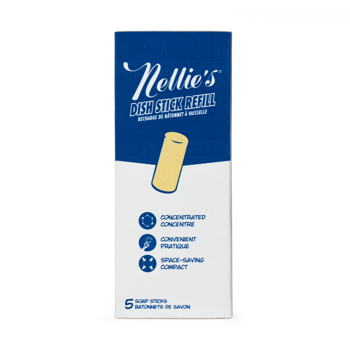 Nellies Dish Stick Refill Soap comes in blue and white packaging with a yellow cylinder illustration, emphasizing its green cleaning approach. It features Concentrated, Convenient, and Space-saving qualities. Inside are five soap sticks for use with your Dish Butter.