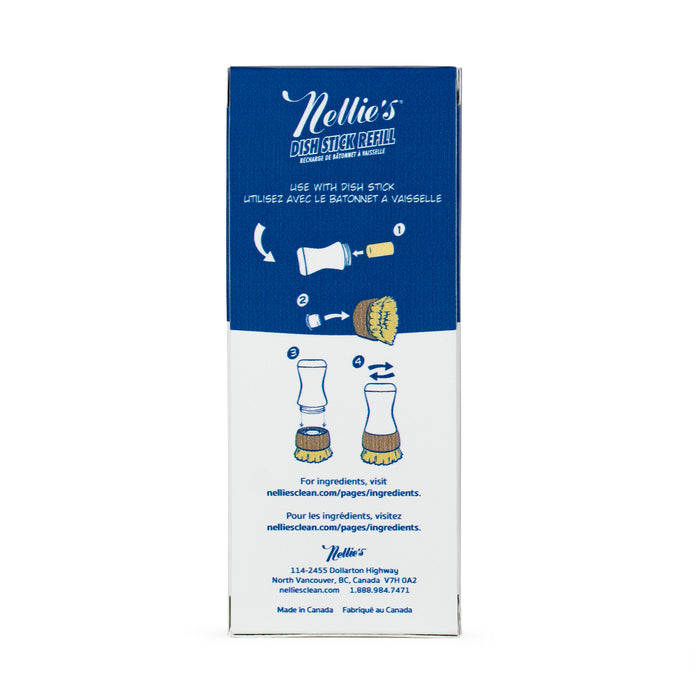 Nellies Dish Stick Refill Soap offers an eco-friendly cleaning solution. Attach it to your dish stick for effortless washing. The blue and white box includes French translations, a website, and contact details. Proudly made in Canada.