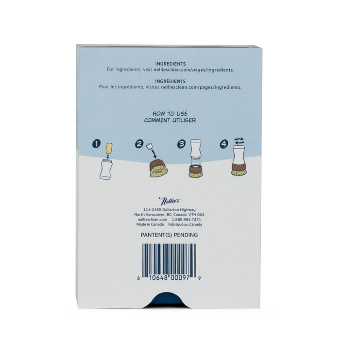 The image shows the reverse of Nellies Dish Stick box with steps and ingredients. Illustrations depict eco-friendly use, numbered 1-5: scoop, container, add water, shake, and application. A barcode and company info are at the bottom.