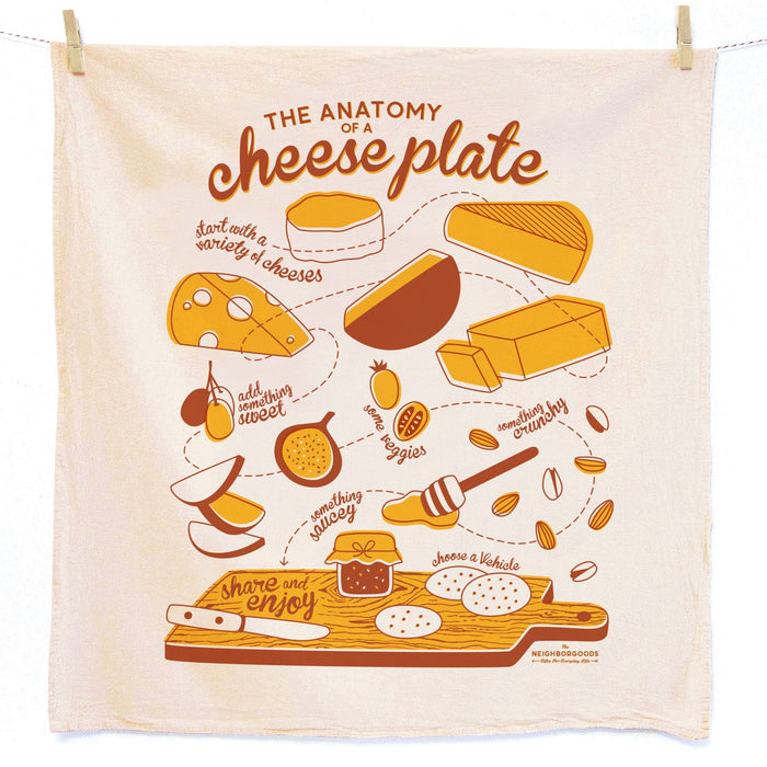 The Neighborgoods Dish Towel Set includes a cream-colored cotton towel featuring playful, handwritten illustrations of cheese plate components—cheeses, nuts, fruits, crackers, and spreads—explaining The Anatomy of a Cheese Plate.