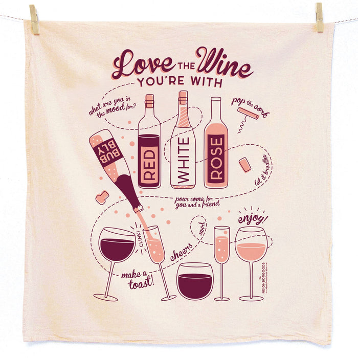 The Neighborgoods Dish Towel Set features cotton towels with illustrated wine bottles labeled RED, WHITE, and ROSÉ, plus matching glasses, arrows, bubbles, corks, and fun phrases—charming additions to your kitchen collection.