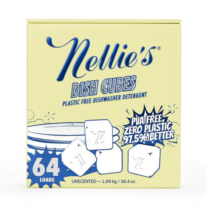 A yellow box of Nellie’s Dishwasher Detergent Cubes, labeled plastic-free and PVA-free. The packaging highlights 64 loads, unscented natural clean, 97.5% better formula, zero plastic, with illustrated dish cubes and dishes.
