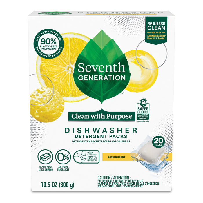 A box of Seventh Generation Dishwasher Detergent Packs has an enzyme-rich formula and lemon scent. The packaging is 90% plastic-free, contains 20 packs, has 0% artificial fragrances, and vibrant lemon imagery.